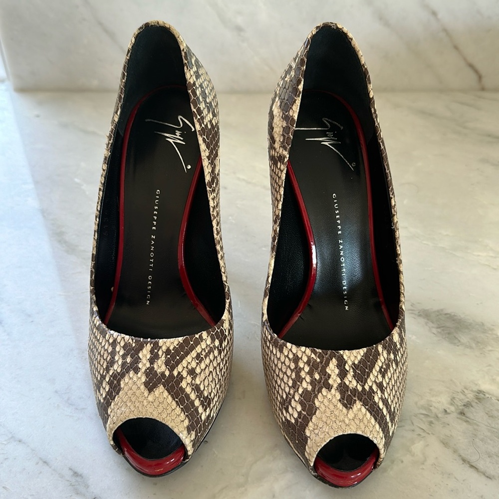 Giuseppe Zanotti Snakeskin Peep Toe Heels Red Accents Size 8